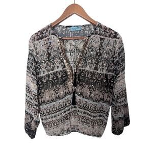 Letarte Handmade Brown Multicolor Sequin Embroidered Semi Sheer Top Sz Small